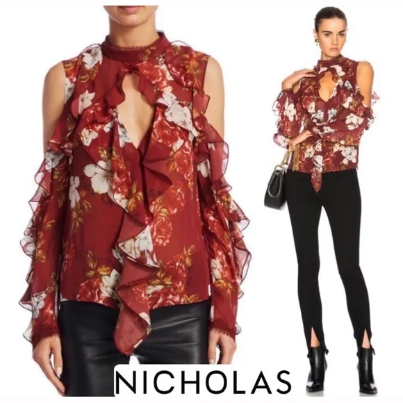 NWT NICHOLAS Floral Print Ruffle Cold Shoulder Silk Blouse - Picture 1 of 13